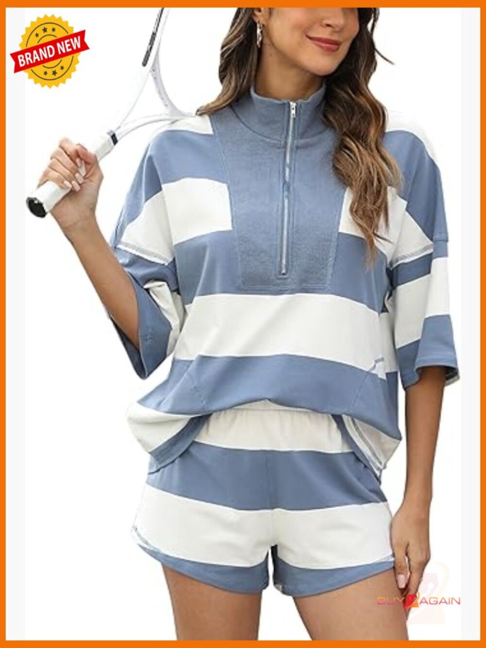 Striped 2-Piece Lounge Set Oversized Cotton Half Zip Top & Shorts